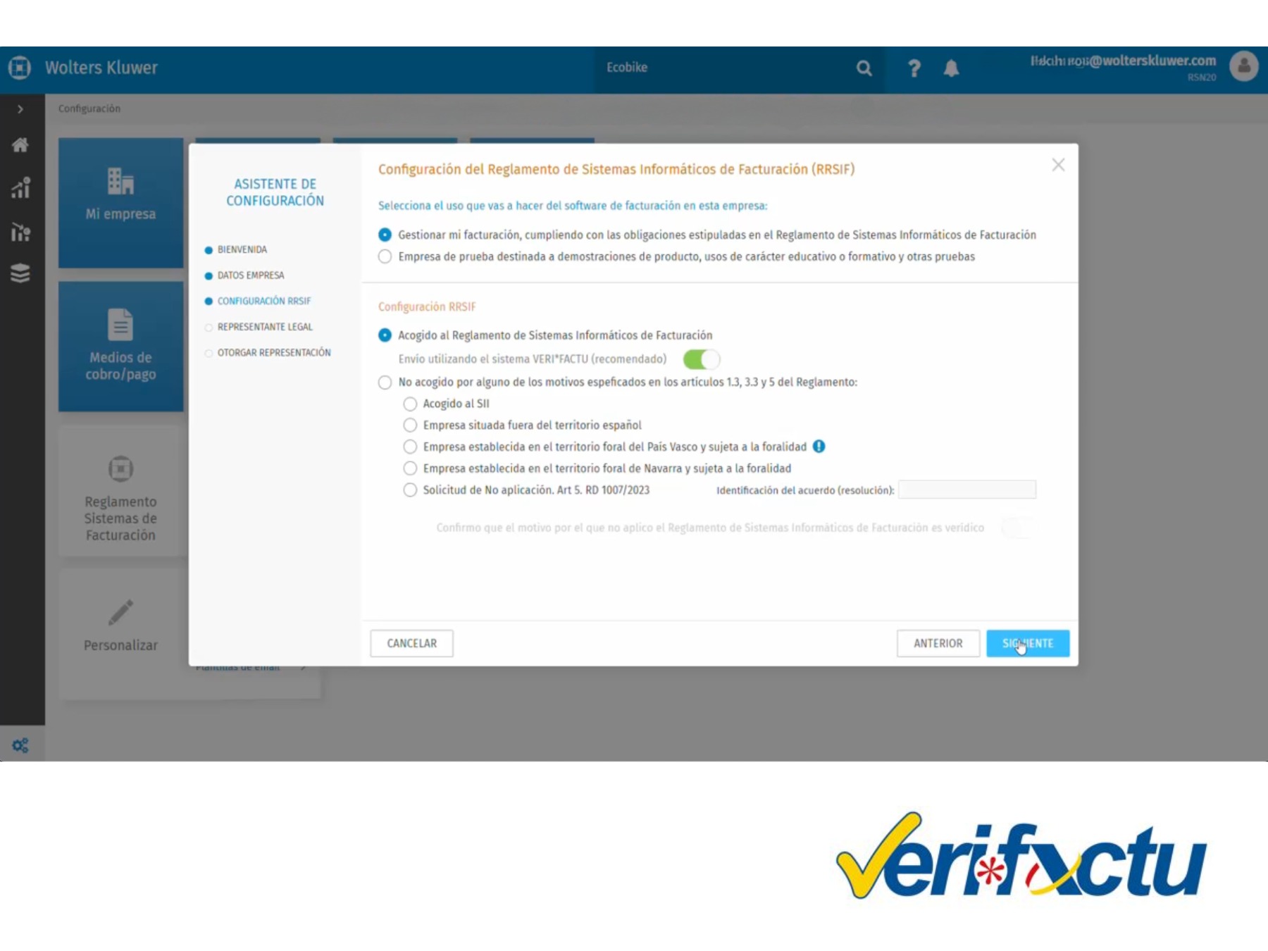 pàgina de configuració del reglament de sistemes informàtics de facturació a a3factura i selecció d'adhesió Verifactu